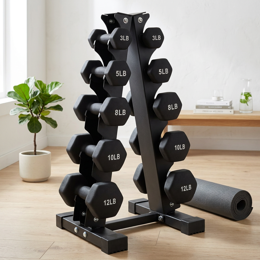 Black dumbbell set with rack lifestyle photo