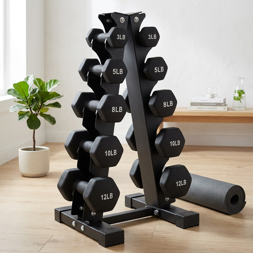 Black dumbbell set with rack lifestyle photo