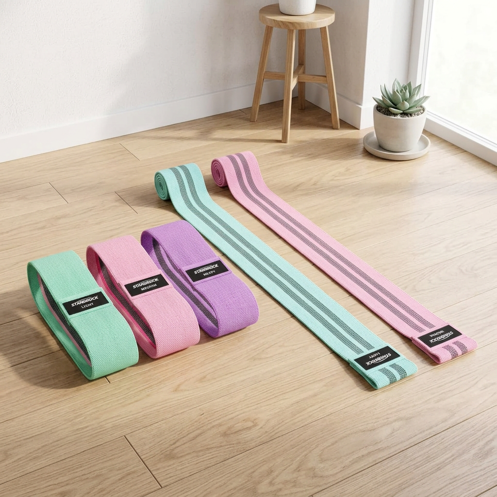 Green, pink and purple resistance bands - no person